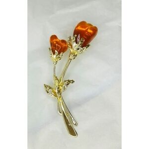 NWT large flower brooch gold tone faux amber